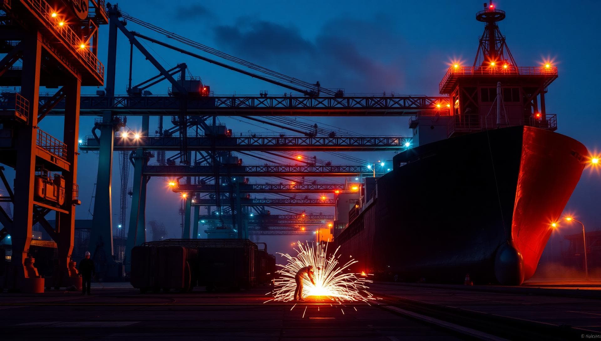 Operação industrial noturna em porto: navio, guindastes e trabalho de soldagem com faíscas